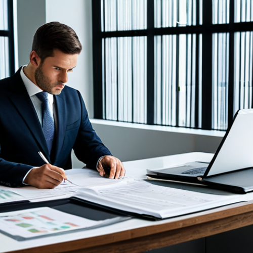 Home 4 A focused professional, in a modest business suit, meticulously examining complex financial documents and legal texts on a large desk in a contemporary, well-lit office. Surrounding them are neatly organized binders and a subtle glow from a laptop displaying financial charts. The atmosphere is studious and serious, emphasizing the importance of legal due diligence in bond investments. High quality, professional photography, perfect anatomy, correct proportions, natural pose, well-formed hands, proper finger count, natural body proportions, fully clothed, modest clothing, appropriate attire, professional dress, safe for work, appropriate content, family-friendly.
