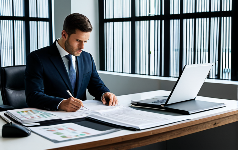 A focused professional, in a modest business suit, meticulously examining complex financial documents and legal texts on a large desk in a contemporary, well-lit office. Surrounding them are neatly organized binders and a subtle glow from a laptop displaying financial charts. The atmosphere is studious and serious, emphasizing the importance of legal due diligence in bond investments. High quality, professional photography, perfect anatomy, correct proportions, natural pose, well-formed hands, proper finger count, natural body proportions, fully clothed, modest clothing, appropriate attire, professional dress, safe for work, appropriate content, family-friendly.