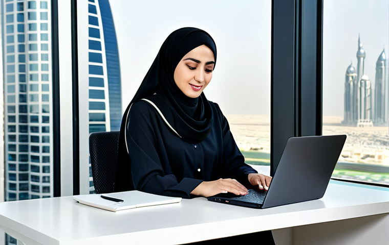 단기 채권과 장기 채권 투자 전략 - **
"A professional businesswoman wearing a modest, elegant abaya and hijab, working on a laptop in ...