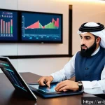 채권 시장의 변동성 관리 전략 - A sophisticated Middle Eastern investor in traditional attire, seated at a modern desk with multiple...