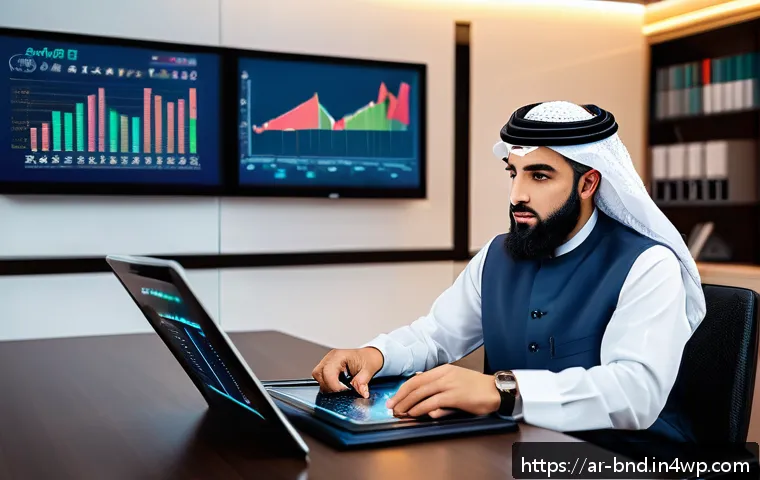 채권 시장의 변동성 관리 전략 - A sophisticated Middle Eastern investor in traditional attire, seated at a modern desk with multiple...