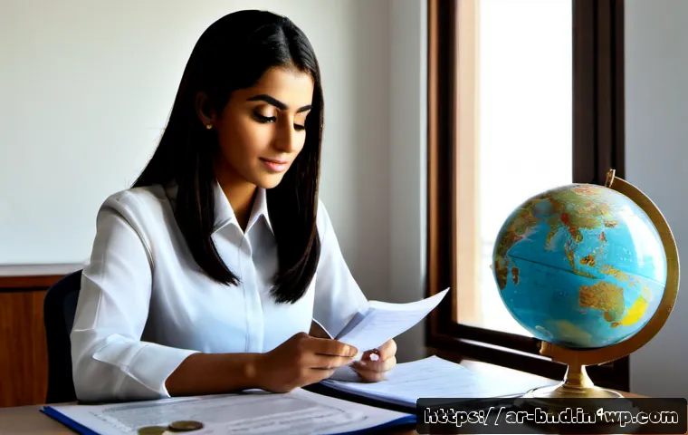 Home 14 해외 채권 투자 시 유의점 - Photorealistic Arab businesswoman in modest professional attire reviewing foreign bond investment do...