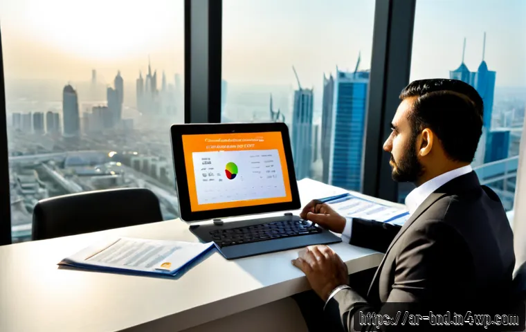 채권 투자에서의 신용 리스크 평가 - Photorealistic Middle Eastern financial analyst in modest professional attire reviewing a bond inves...